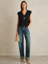 Cotton Shoulder-Pad V-Neck Top Black | Women