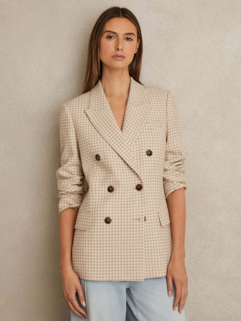 Petite Double Breasted Check Blazer With Wool Neutral Check | Women