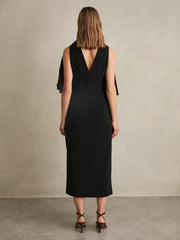 Draped-Front High-Neck Midi Dress Black | Women