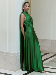 Satin Cape Maxi Dress Green | Women