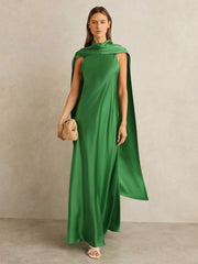 Satin Cape Maxi Dress Green | Women