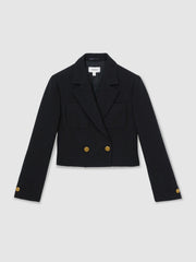 Double-Breasted Textured Cropped Blazer with Wool and Cotton Navy | Women