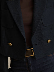 Double-Breasted Textured Cropped Blazer with Wool and Cotton Navy | Women