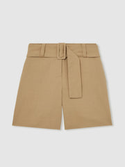 Cotton-Blend Belted Shorts With Linen Camel | Women
