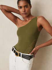 Lace-Knit Detail One-Shoulder Bodysuit Green | Women