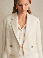 Double-Breasted Textured Cropped Blazer with Wool and Cotton White | Women