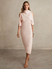Draped-Front High-Neck Midi Dress Pale Pink | Women