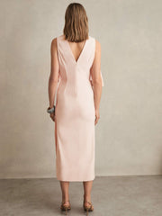 Draped-Front High-Neck Midi Dress Pale Pink | Women