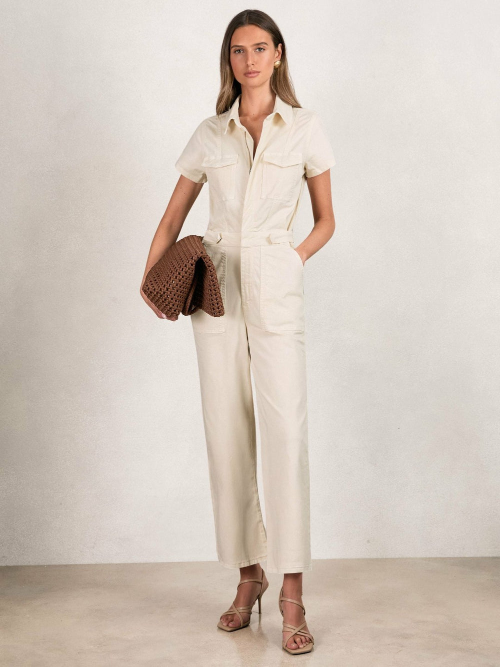 Good American Cotton Twill Jumpsuit with Stretch Ecru | Women