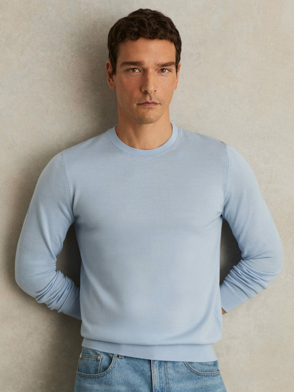 Merino Wool Crew Neck Jumper Soft Blue | Men