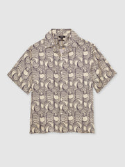 Wave Print Cuban Collar Shirt Off White/Navy | Men
