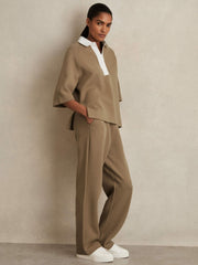 Cotton-Blend Interlock Collar Sweatshirt Camel | Women