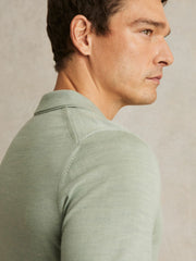 Merino Wool Open Collar Polo Shirt Sage Green Melange | Men