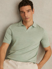 Merino Wool Open Collar Polo Shirt Sage Green Melange | Men
