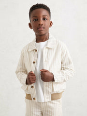 13-14 yrs Cotton Pinstripe Harrington Jacket Off White/Taupe Brown | Children & Baby