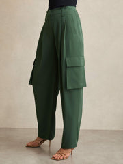 Petite Wide-Leg Pleated Cargo Trousers Green | Women