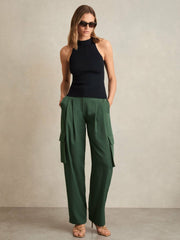 Petite Wide-Leg Pleated Cargo Trousers Green | Women