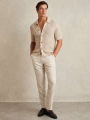 Basketweave Knit Button Through Cotton Blend Shirt Stone | Men