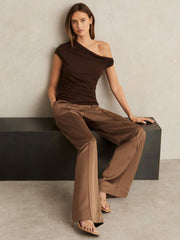 Petite Satin Wide Leg Elastic Waist Trousers Taupe Neutral | Women