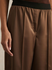 Petite Satin Wide Leg Elastic Waist Trousers Taupe Neutral | Women