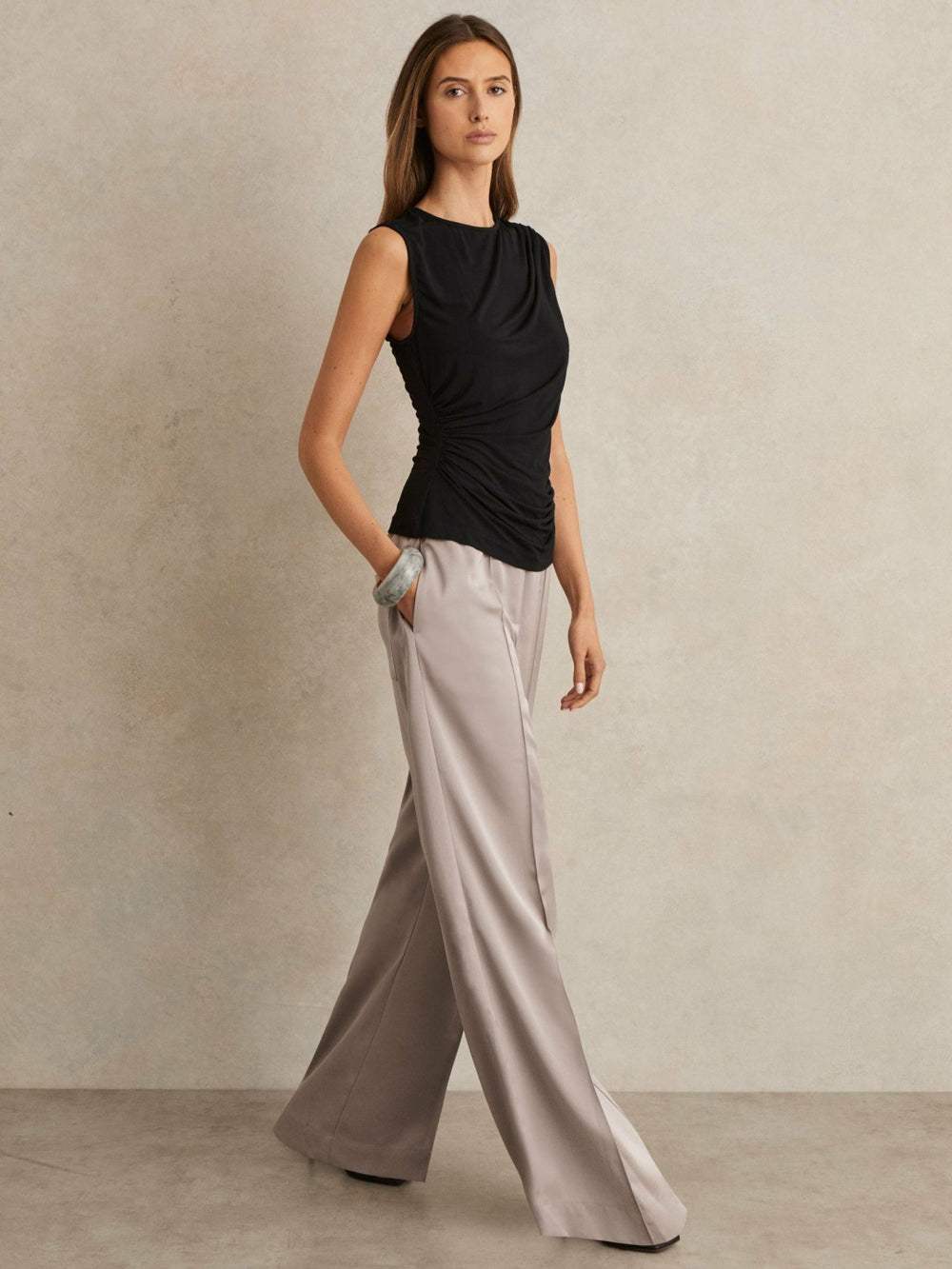 Petite Satin Wide Leg Elastic Waist Trousers Grey | Women