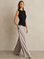 Petite Satin Wide Leg Elastic Waist Trousers Grey | Women