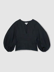 Linen Balloon-Sleeve Top Navy | Women