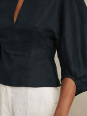 Linen Balloon-Sleeve Top Navy | Women