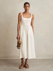 Perforated-Knit Cotton-Skirt Midi Dress Ivory | Women