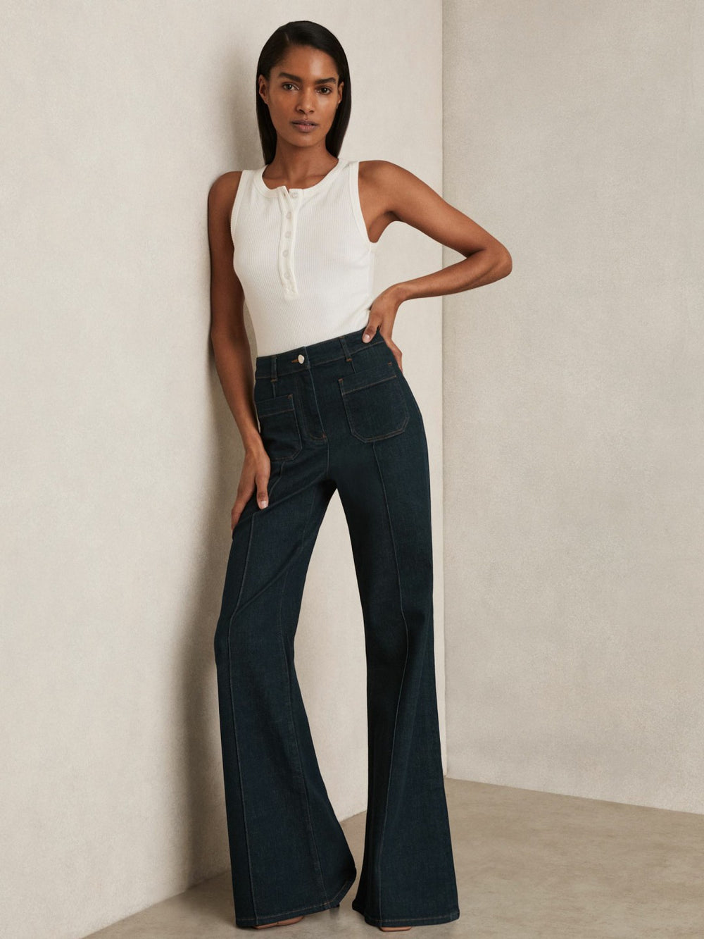 Petite Patch-Pocket Flared Jeans Dark Blue | Women