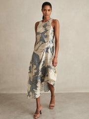 Satin Floral Drape Midi Dress Blue | Women