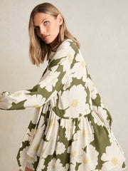 Floral Tie-Neck Swing Dress Ivory/Green | Women