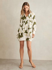 Floral Tie-Neck Swing Dress Ivory/Green | Women