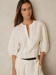 Linen Balloon-Sleeve Top Ivory | Women