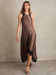 Satin Drape Lace-Trim Dress Mocha Brown | Women