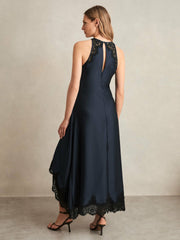 Satin Drape Lace-Trim Dress Navy | Women