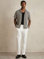 Geometric-Crochet Cuban-Collar Shirt Navy/White | Men
