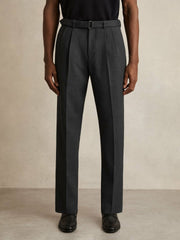 Wool-Blend Belted Pleated Trousers Regular-Fit Charcoal Grey | Men