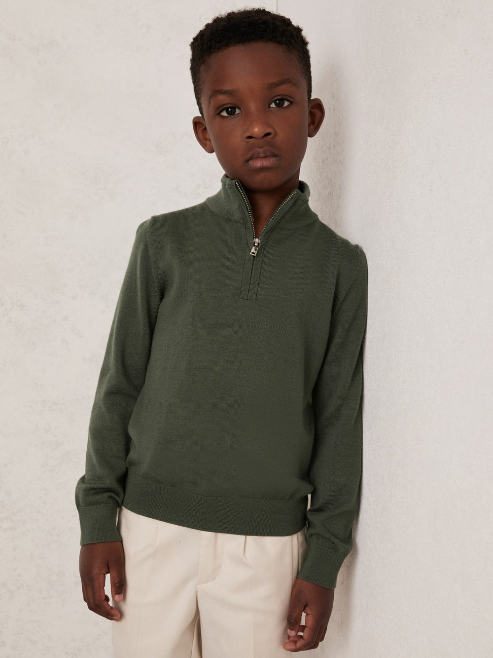 9-13 yrs Merino Wool Half-Zip Funnel Neck Jumper Kale Green | Children & Baby