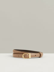Leather Curved-Buckle Skinny Belt Taupe | Women