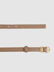 Leather Curved-Buckle Skinny Belt Taupe | Women