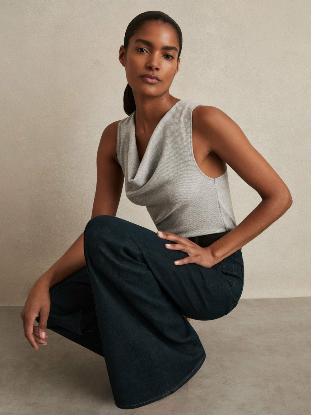 Ribbed Cowl-Neck Vest Grey Marl | Women