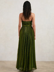 Halston Metallic Pleated Maxi Dress Dark Olive Green | Women