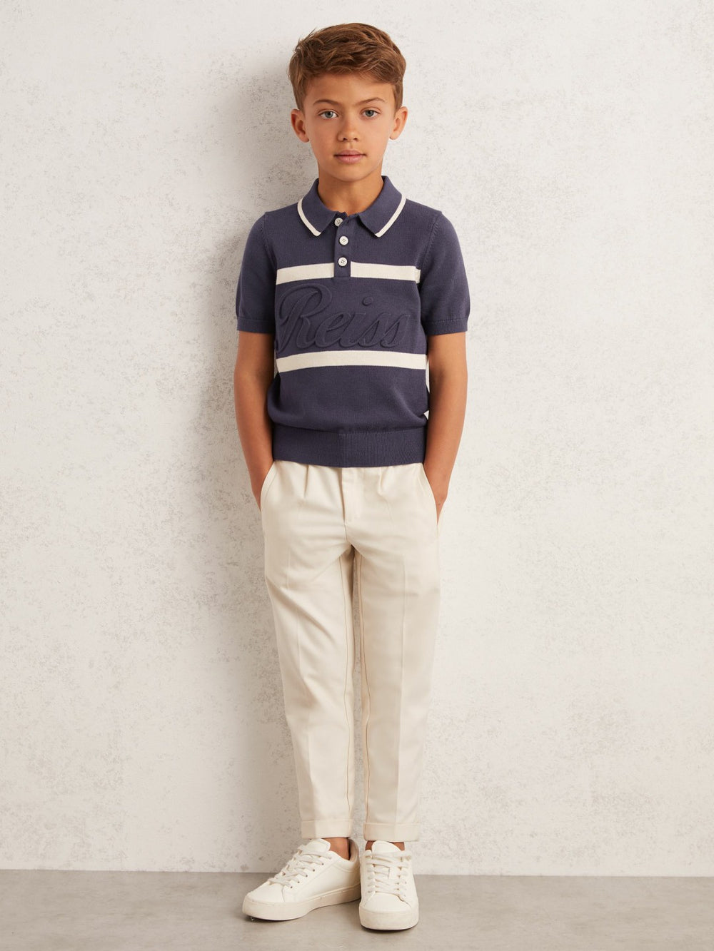 3-9 yrs Cotton Logo-Embossed Knit Polo Shirt Indigo Blue/White | Children & Baby