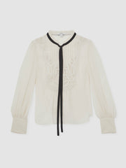 Lace-Embroidered Tie-Neck Shirt Cream | Women