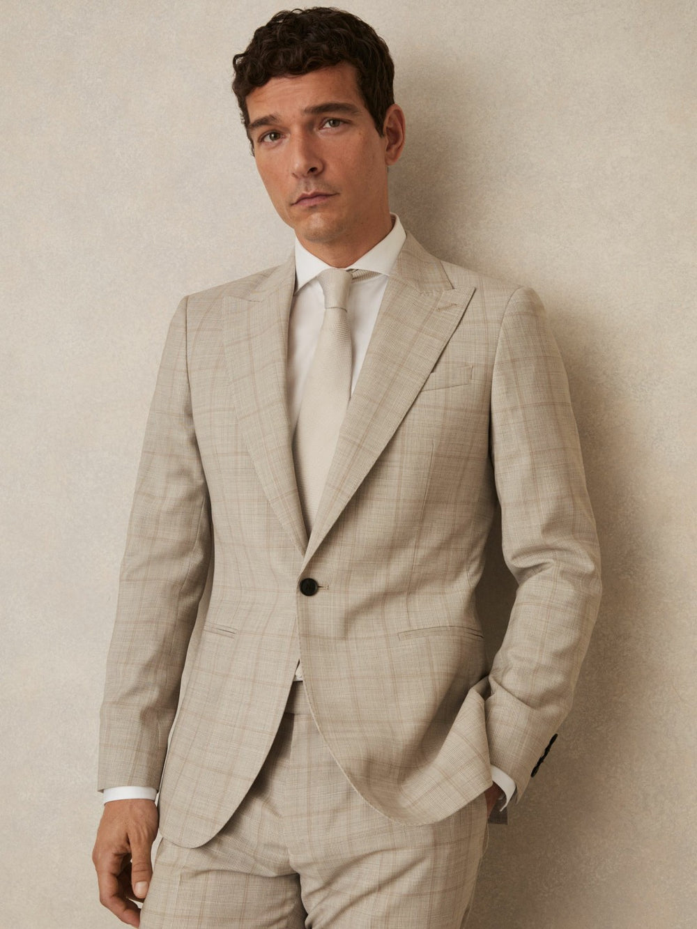 Slim-Fit Single-Breasted Wool Check Suit Blazer Oatmeal Brown | Men