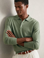 Merino Wool Long-Sleeve Polo Shirt Harper Green | Men