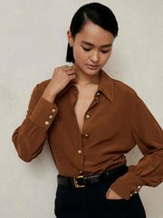 Silk Embossed-Button Shirt Tan Brown | Women