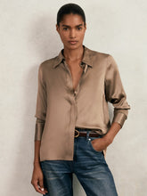 Silk-Satin Concealed-Placket Shirt Taupe Brown | Women