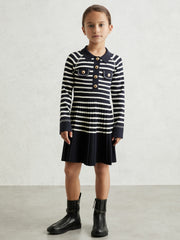 3-9 yrs Button-Detail Stripe Knitted Dress Navy/White | Children & Baby